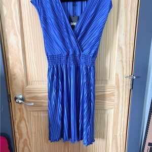 DKNY Royal Blue Pleated V-Neck Dress